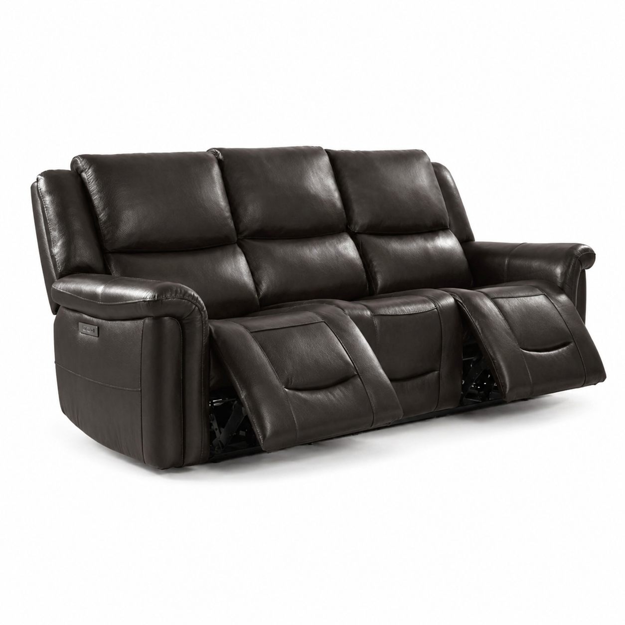 A powered leather recliner sofa sold at a discount rate compared to MSRP