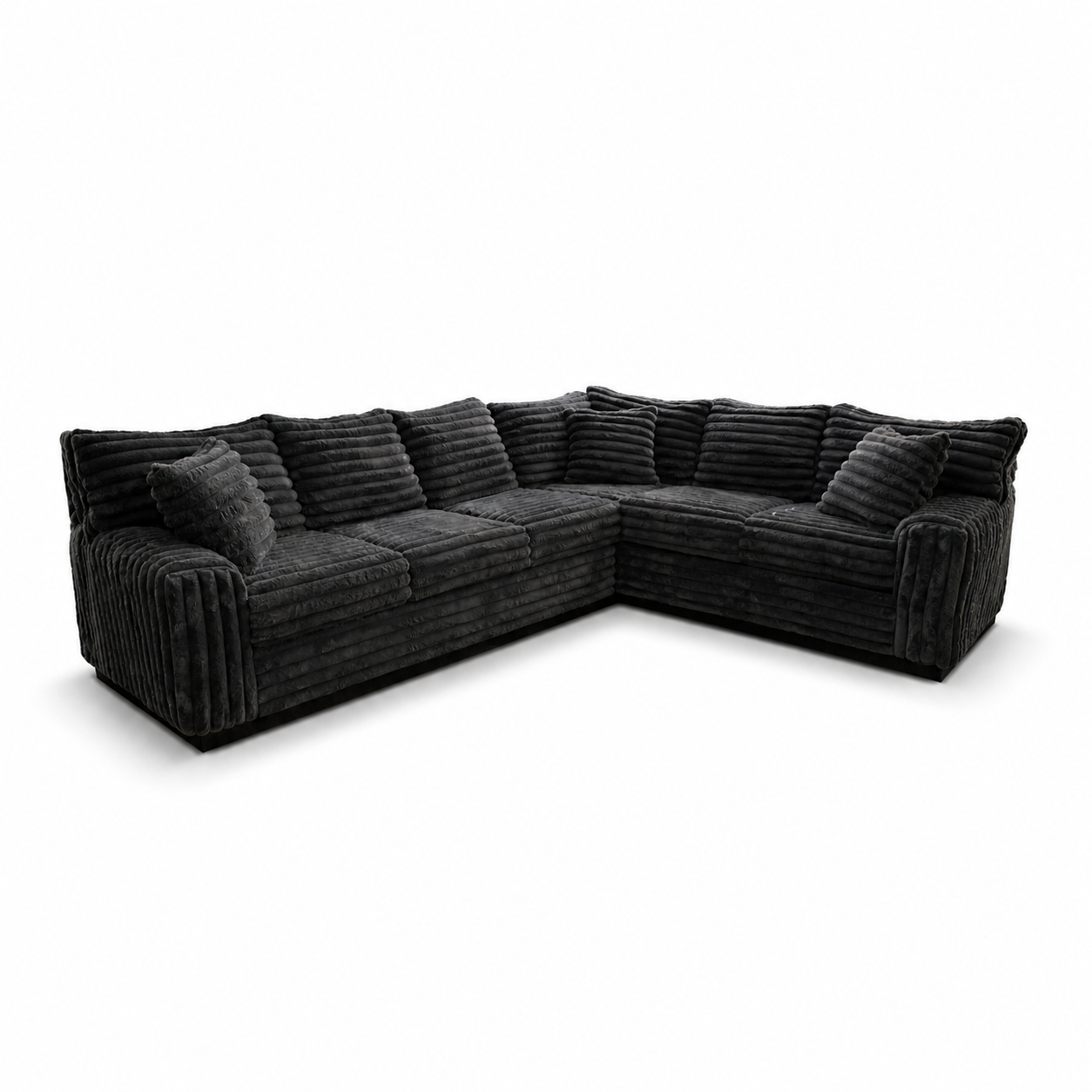 A brand new black plushy corduroy couch sold at Jake's Furniture Outlet